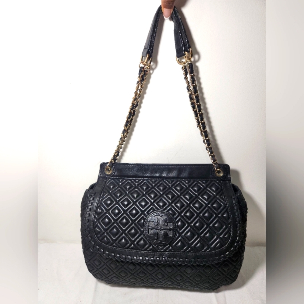 Authentic Tory Burch Black Leather Quilted Flap Shoulder Bag